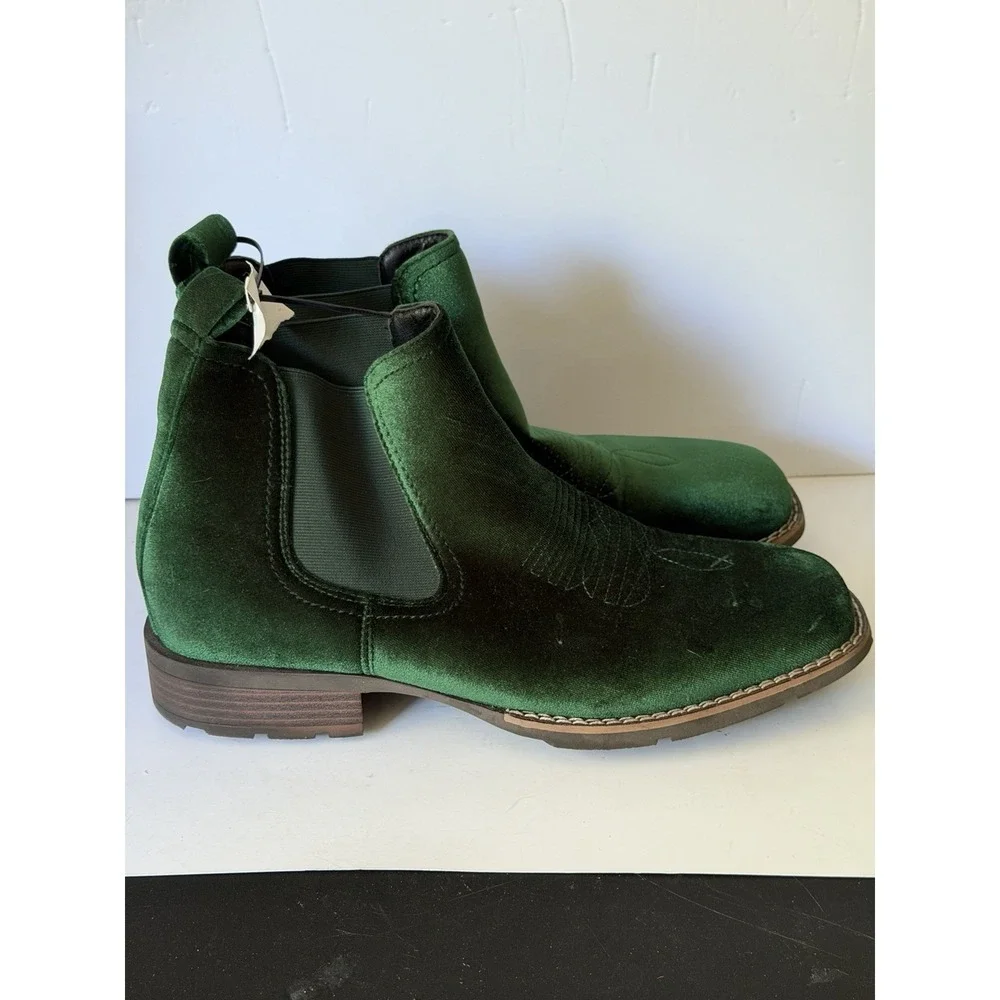 Men's Western Chelsea Boots Green Slip-On Square Toe Cowboy Ankle Shoes C-5